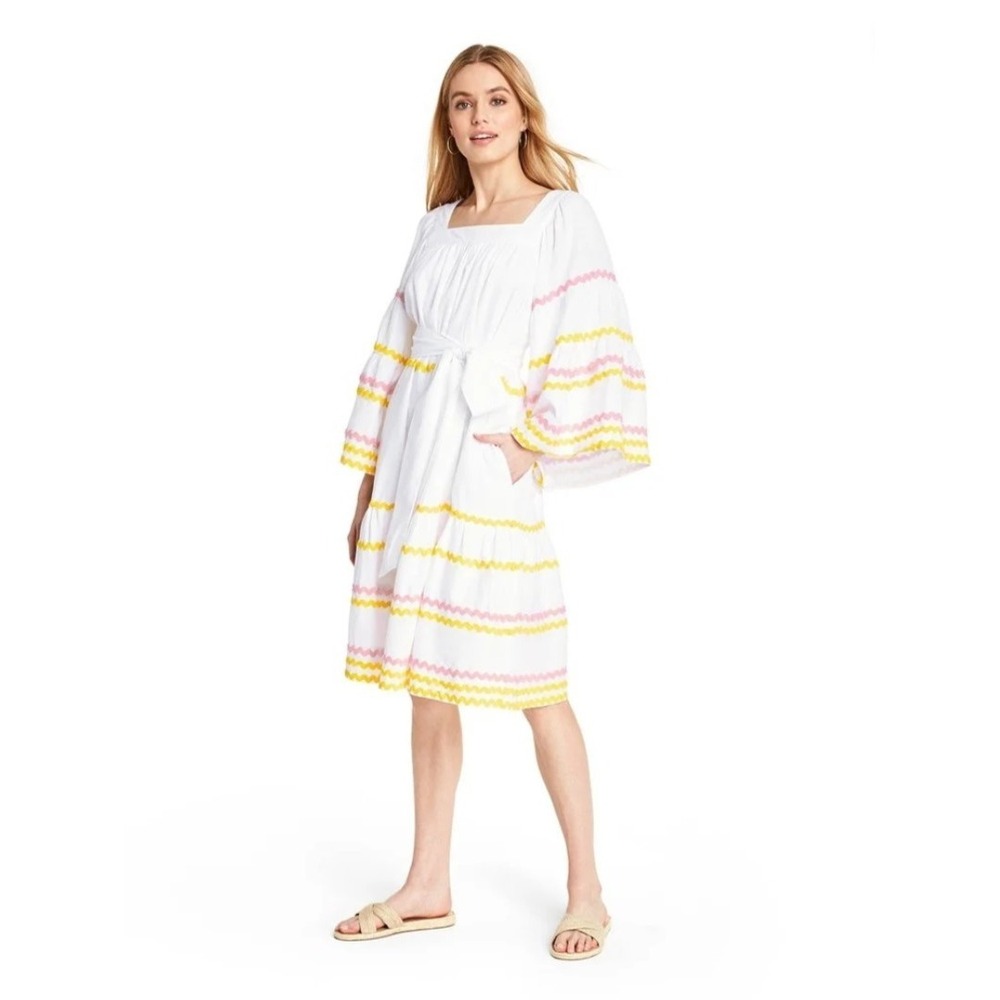 Lisa Marie Fernandex White Linen Ric Rac Bell Sleeve Dress XS Whimsical Cute